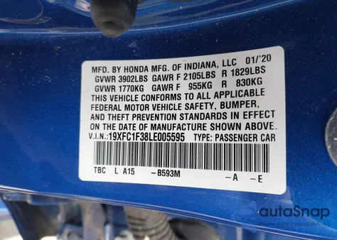 2020 Honda Civic Ex z USA, uszkodzony, nr VIN 19XFC1F38LE005595